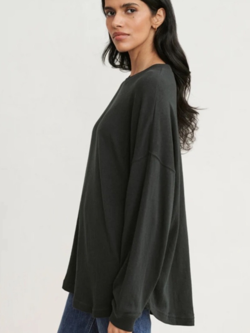 Jenni Kayne Long Sleeve Boyfriend Tee Washed Black Oversized Xs
